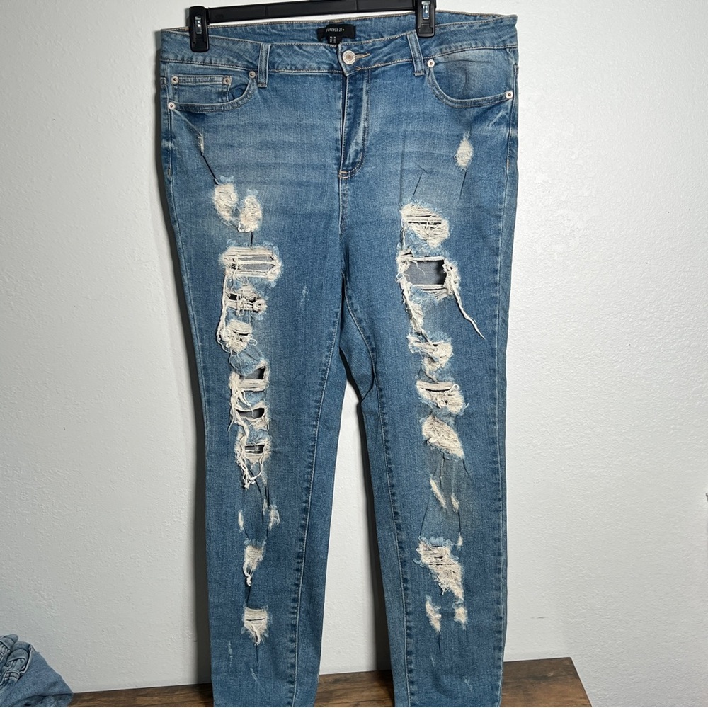 Forever 21 Ripped Blue Skinny Jeans